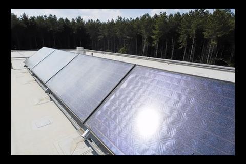 Hot water is warmed by rooftop solar thermal panels 